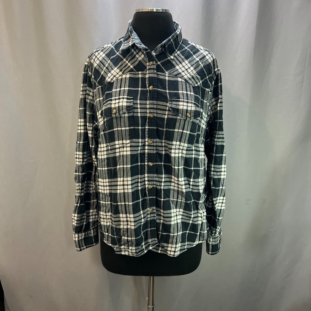 Jachs Girlfriend Flannel Shirt Womens L Black White Bea Plaid Cotton Button Up